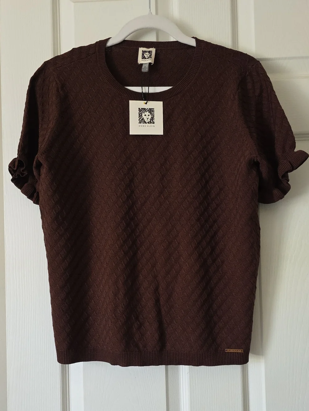 Anne Klein Dark Brown Crewneck Short-Sleeve Textured Sweater